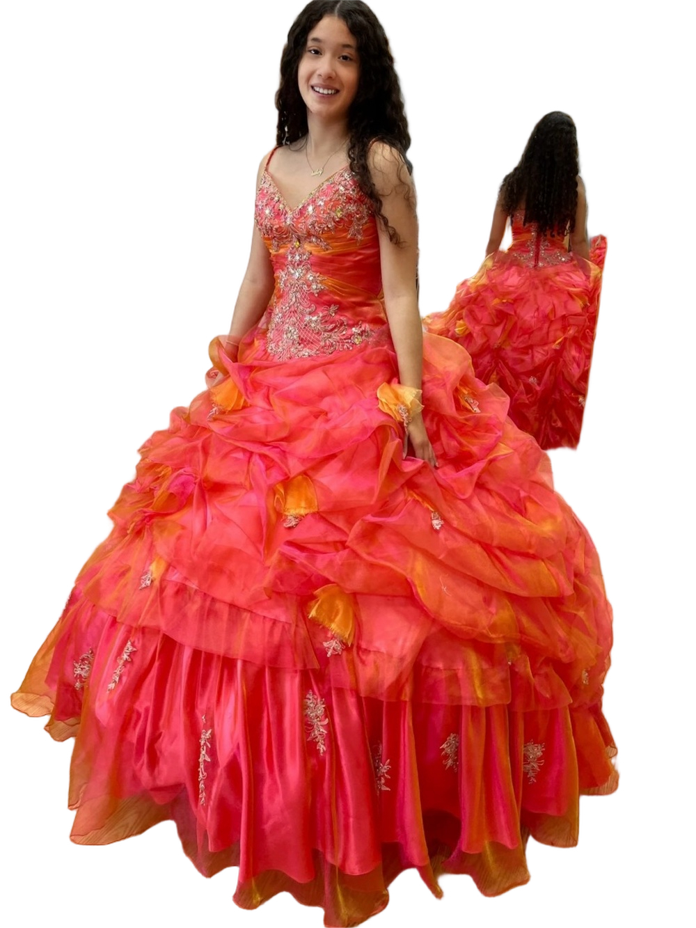 NWT Strapless Cherry & Gold Ruffled Quinceañera BallGown Prom Dress